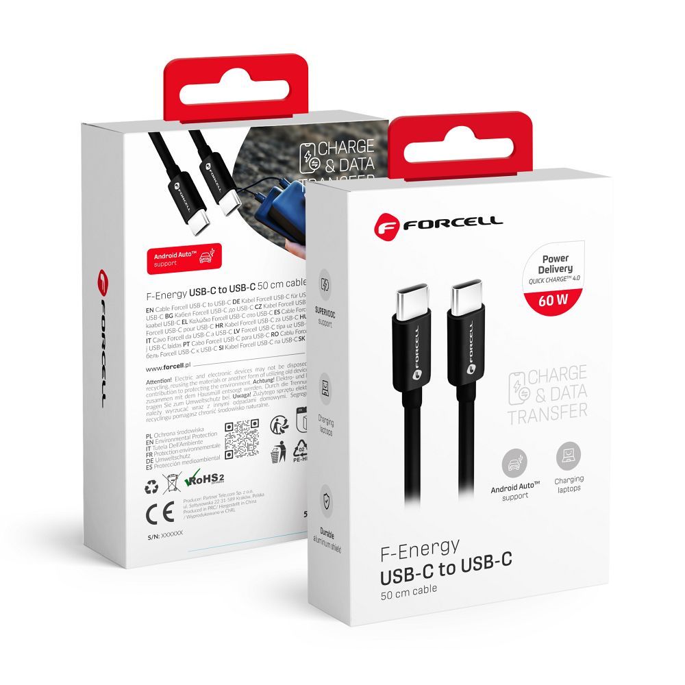 Kaabel USB C to USB C Forcell F-Energy QC4.0 PD 3A 60W 0,5 m C338 must