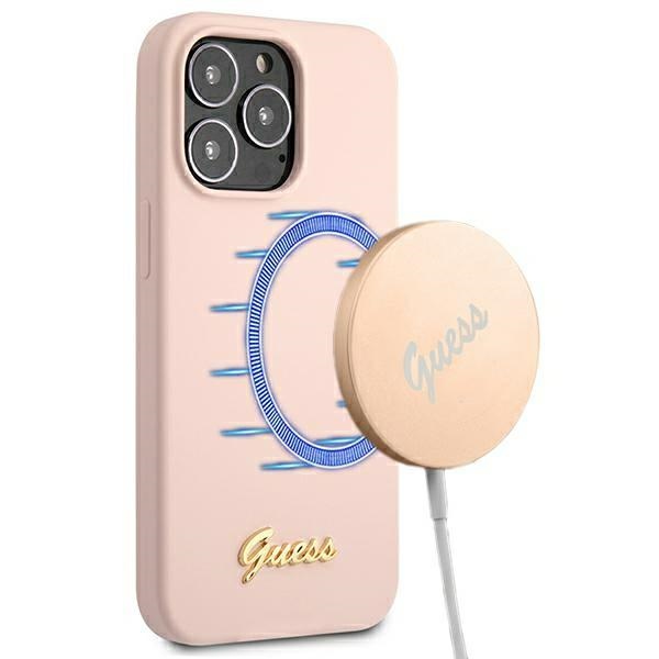 Guess GUHMP13XLSLMGLP iPhone 13 Pro Max 6.7" heleroosa/heleroosa hardcase Silikoonist Script Gold Logo Magsafe