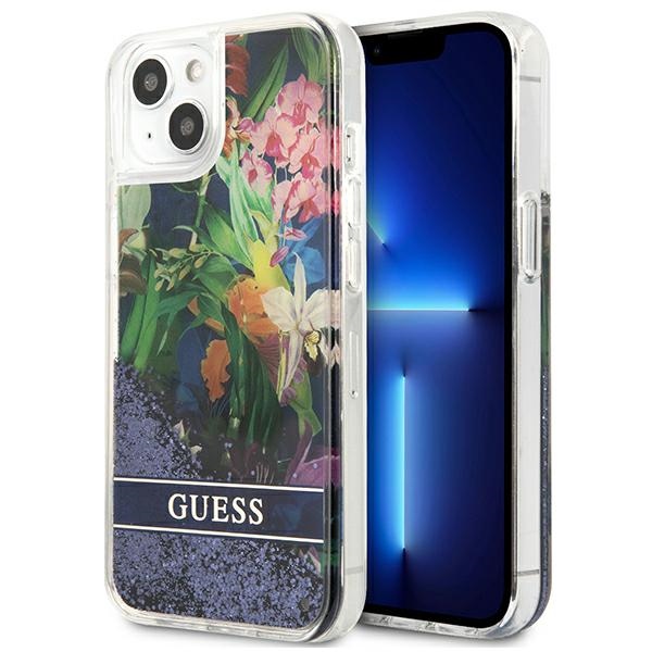 Guess GUHCP13SLFLSB iPhone 13 mini 5.4" sinine/sinine kõvakott Flower Liquid Glitter
