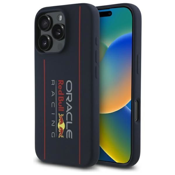 RED BULL ümbris IPHONE 16 Pro jaoks, ühildub MagSafe'iga, RBHMP16L24SIOLRV (silikoon, suur vertikaalne logo), tumesinine