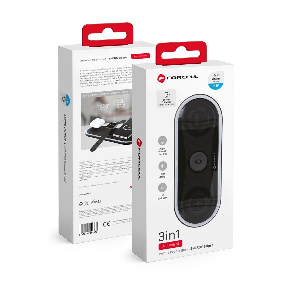 Juhtmevaba laadija Forcell F-Energy Ellipse 3w1 Qi QC 15W compatible with Apple + kaabel USB C do USB A must