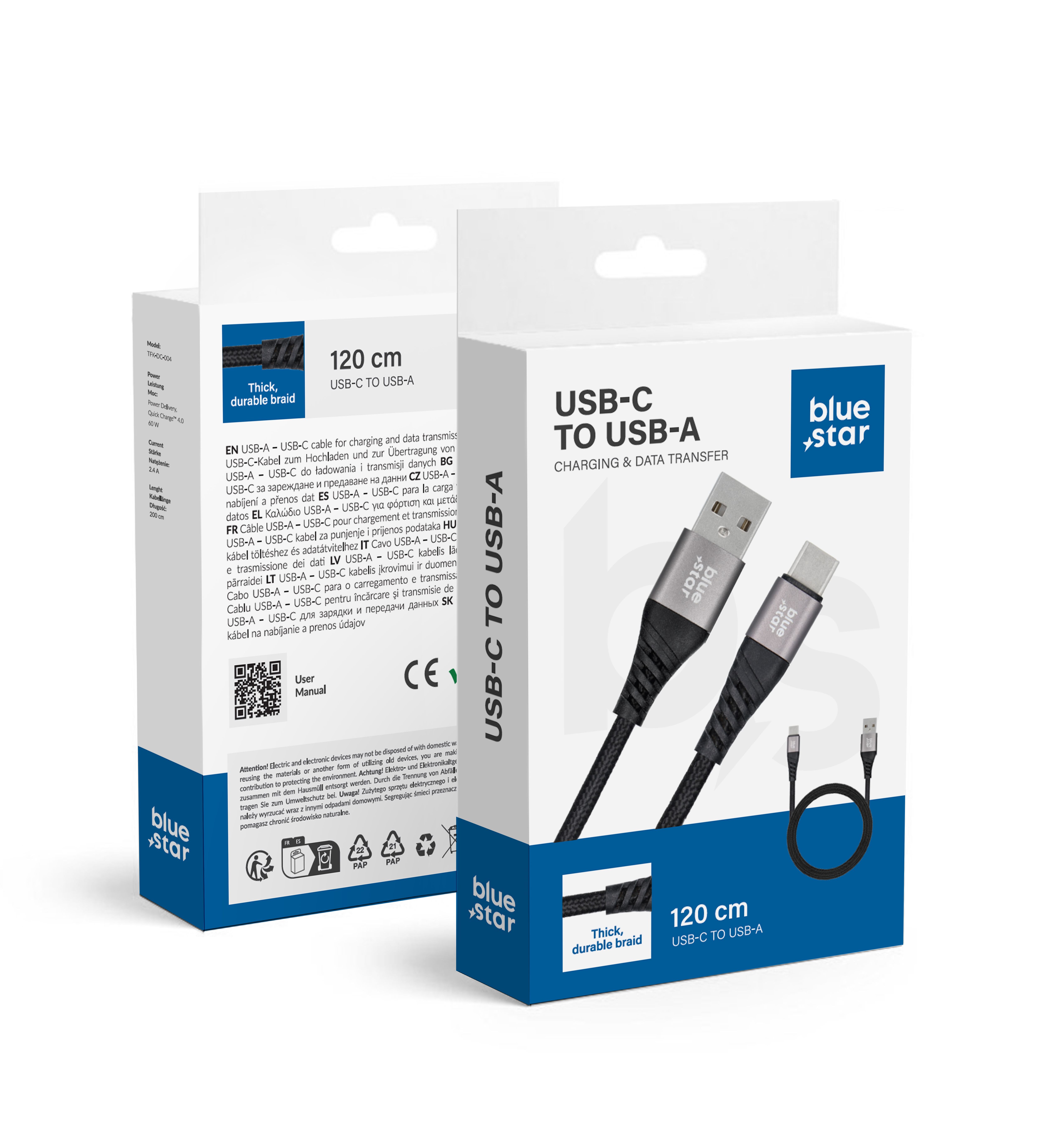Kaabel USB A to USB C sinine Star 3A 20W PD QC4.0 with braid 1,2 m TFK-DC-003 must