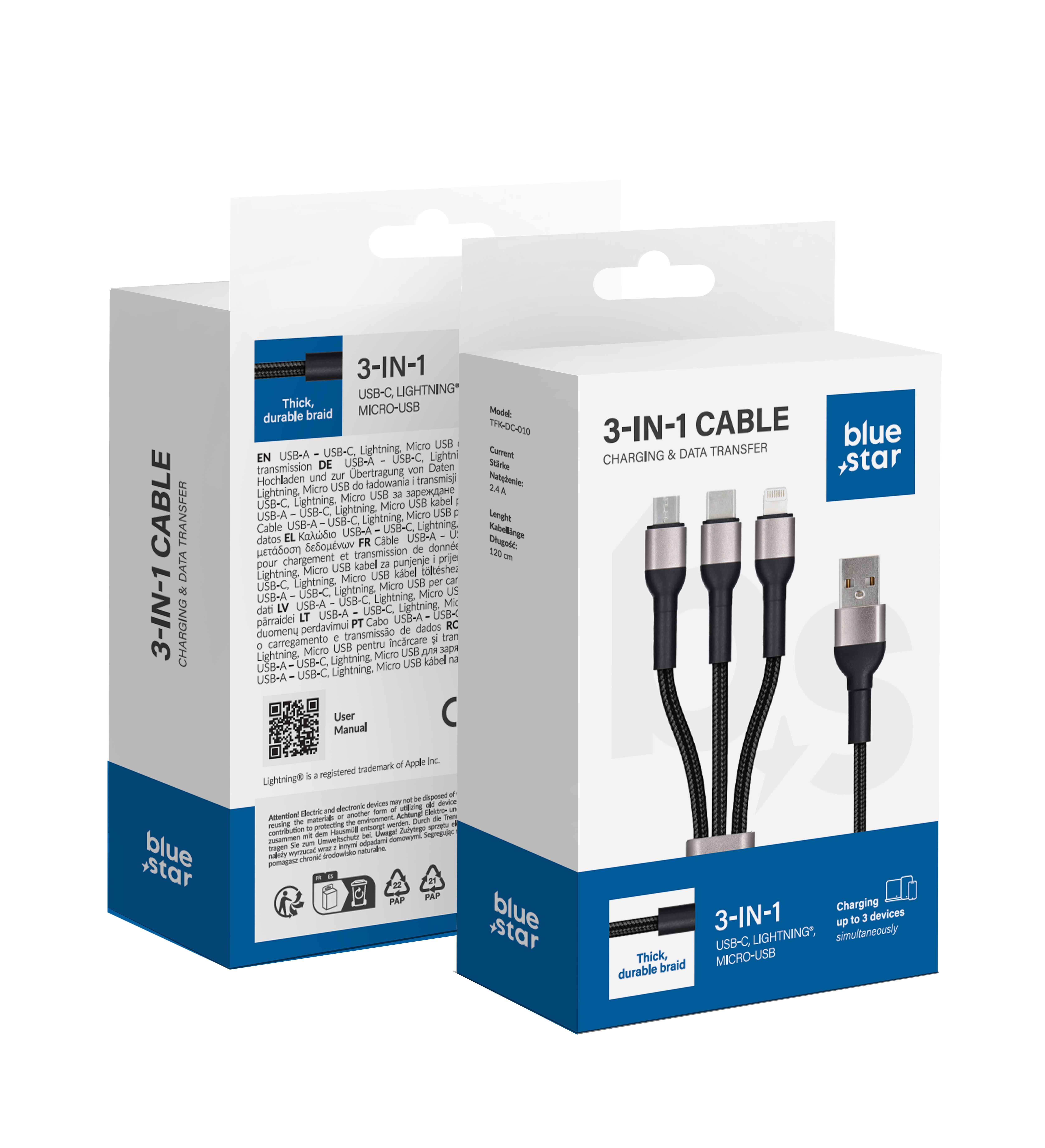 Kaabel 3in1 USB A to Lightning / Micro USB / USB C sinine Star 2,4A with braid 1,2 m TFK-DC-010 must