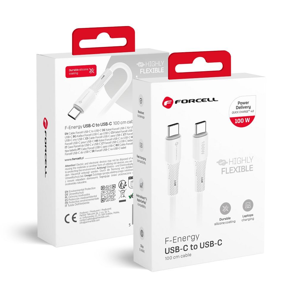 Kaabel USB C to USB C Forcell F-Energy QC4.0 PD 5A 100W Silikoon 1 m C347 valge