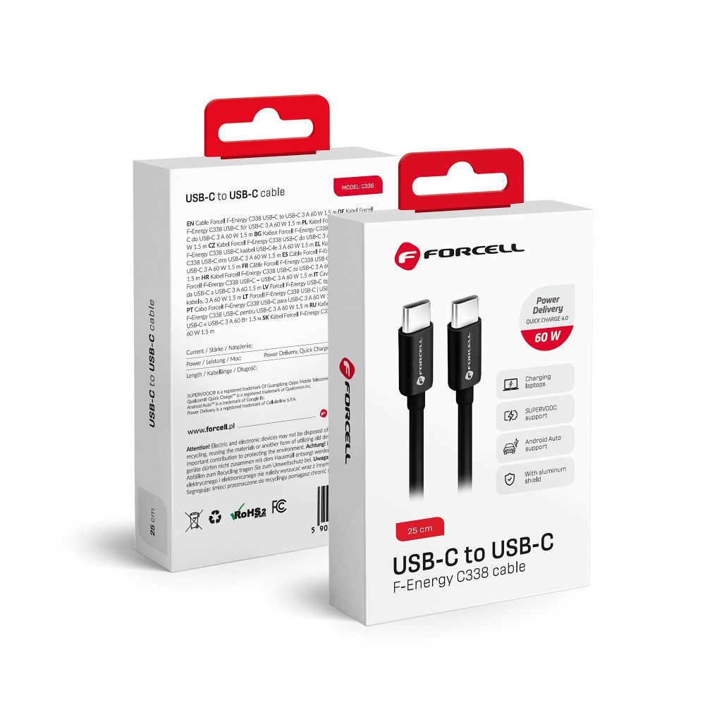 Kaabel USB C to USB C Forcell F-Energy QC4.0 PD 3A 60W 0,25 m C338 must