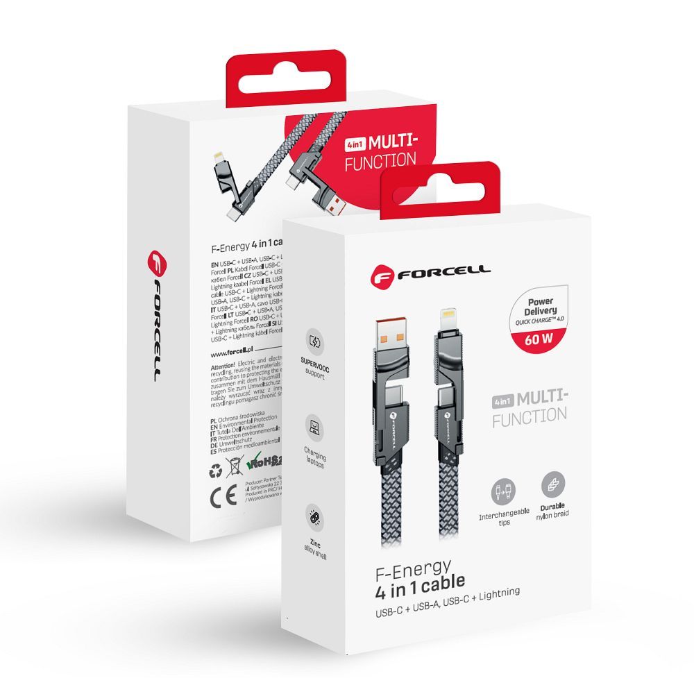 Kaabel 4in1 USB C / USB A to USB C / Lightning Forcell F-Energy QC PD 3A 60W 1 m C241 chrome