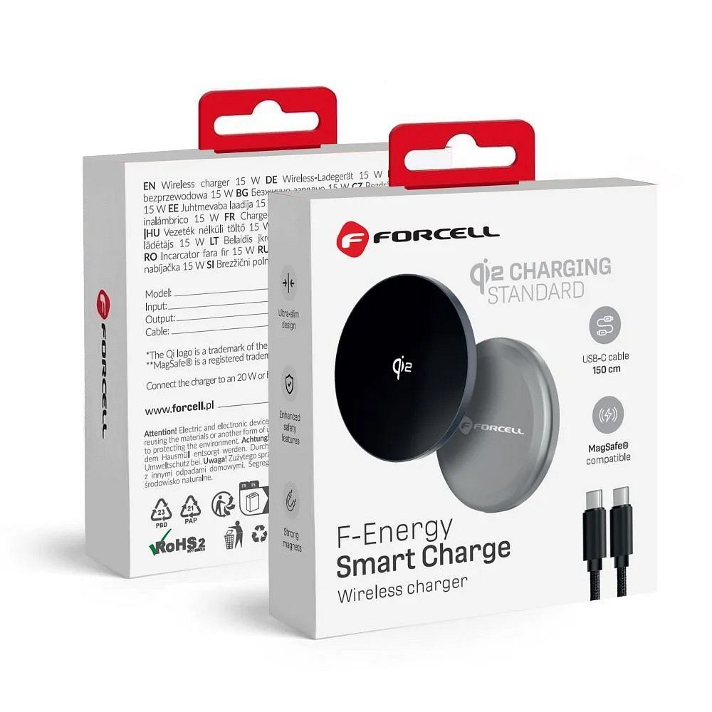 Juhtmevaba laadija Forcell F-Energy Smart Charge USB C Qi2 15W compatible with MagSafe, with detachable kaabel 1,5 m hõbedane