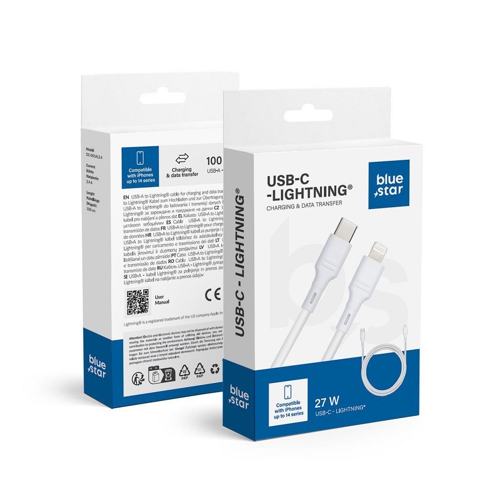 Kaabel USB C to Lightning Sinine Star 2,4A 27W 1 m DC-001CL2.4 valge