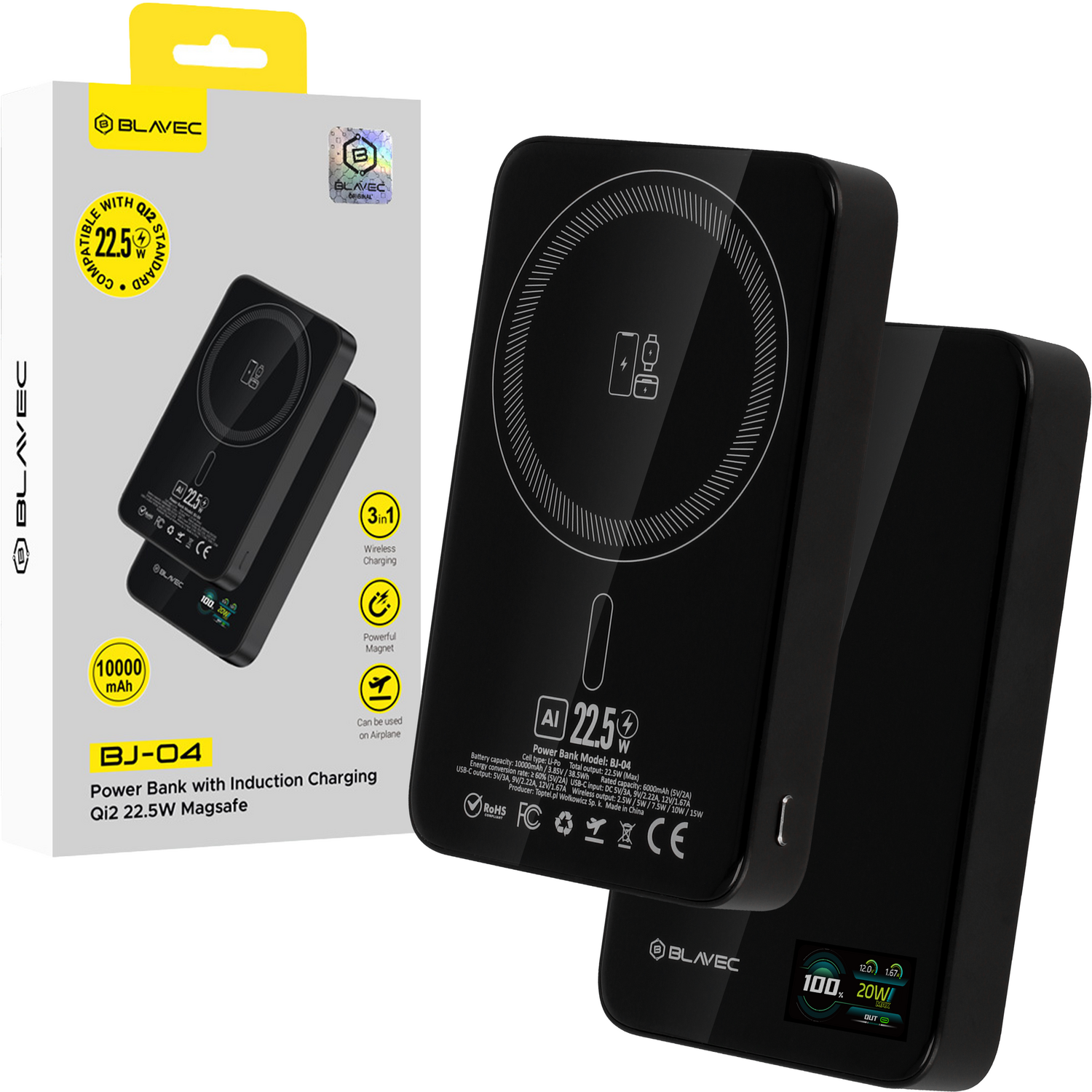 Blavec Akupank 10000mAh BJ-04 Slim 13,5mm - Type C - 22,5W magnetic Magsafe 3 in 1 (PBBJ04-MC10B) must glass