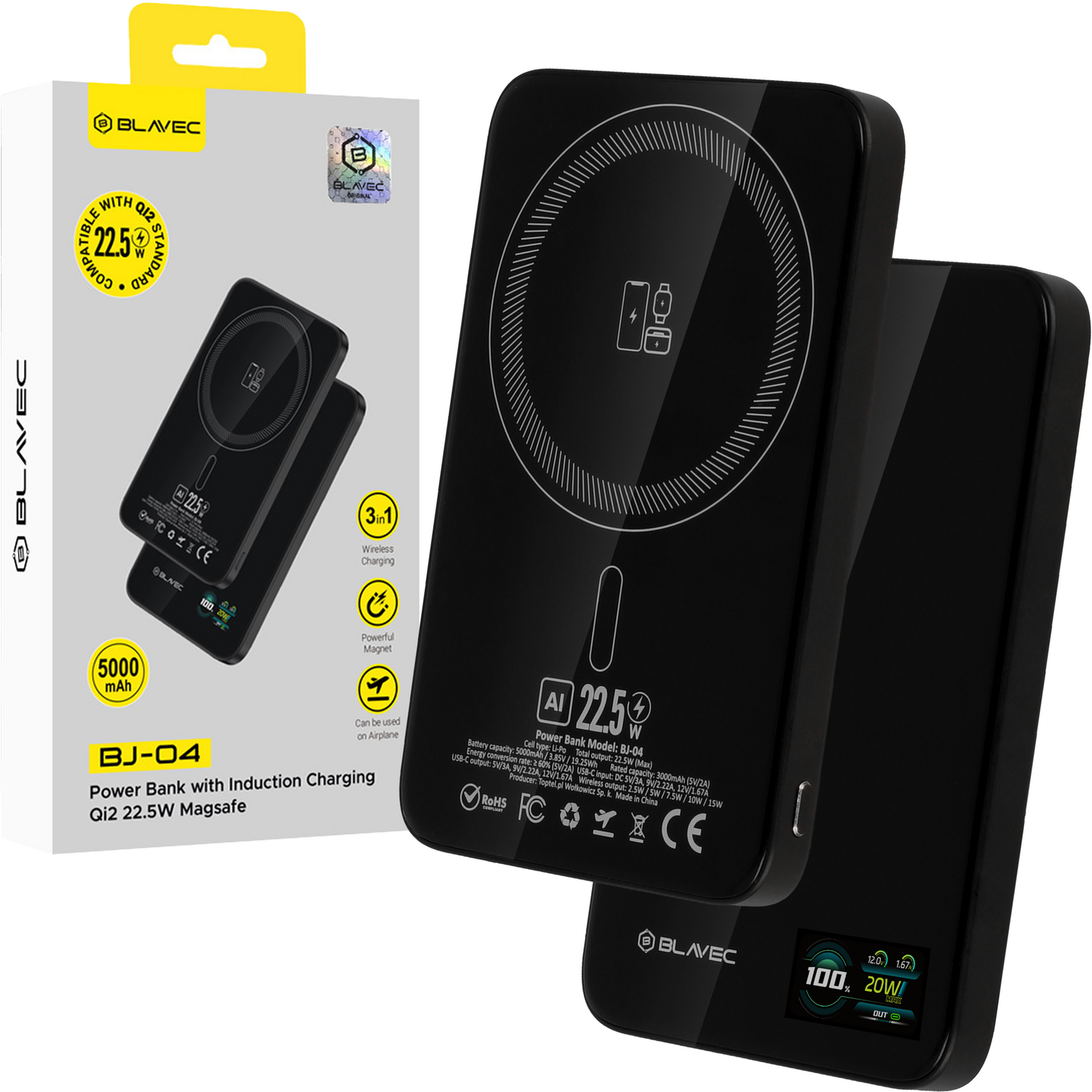 Blavec Akupank 5000mAh BJ-04 Ultra Slim 7,8mm - Type C - 22,5W magnetic Magsafe 3 in 1 (PBBJ04-MC5B) must glass