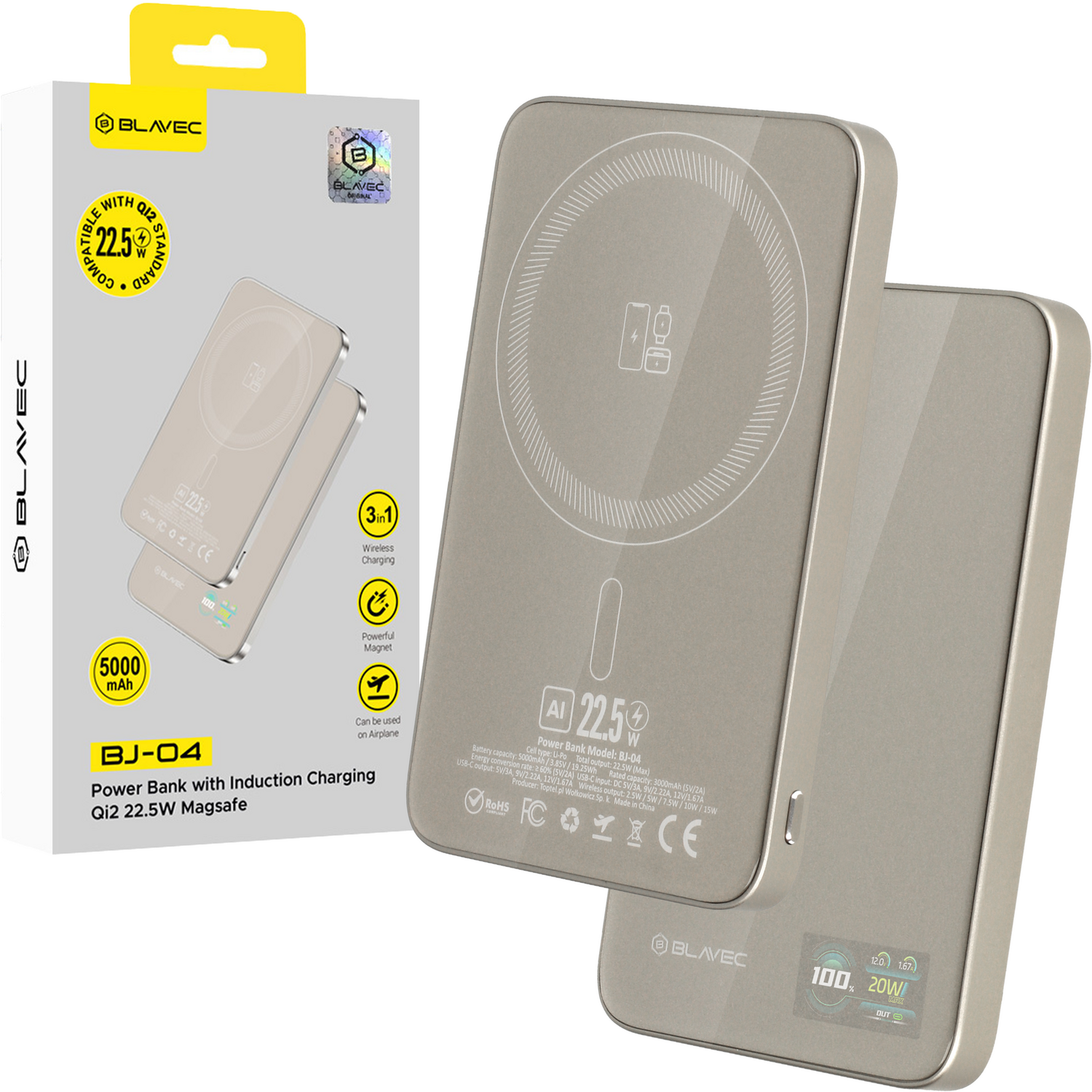 Blavec Akupank 5000mAh BJ-04 Ultra Slim 7,8mm - Type C - 22,5W magnetic Magsafe 3 in 1 (PBBJ04-MC5GD) kuldne glass