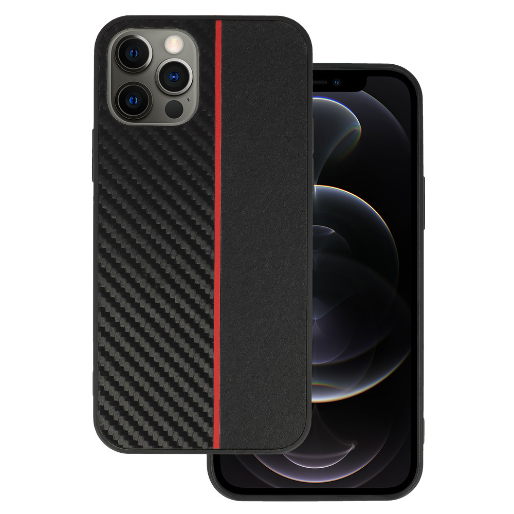 Tel Protect CARBON Ümbris jaoks Iphone 12 Pro Max Must with punane stripe