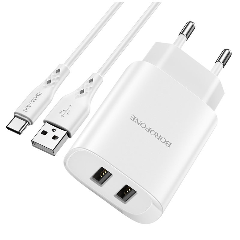 Borofone Wall laadija BN2 Super - 2xUSB - 2,1A with USB to Type C valge