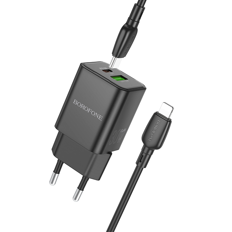 Borofone Wall Laadija BN14 Royal GaN - USB + Type C - QC 3.0 PD 30W with Type C to Lightning Kaabel must