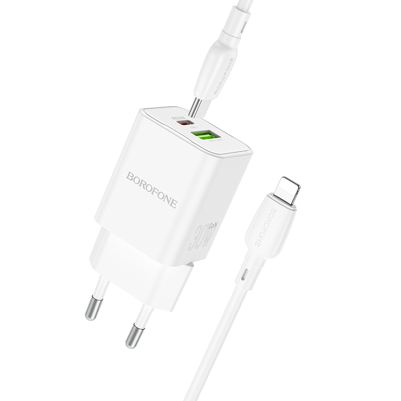 Borofone Wall Laadija BN14 Royal GaN - USB + Type C - QC 3.0 PD 30W with Type C to Lightning Kaabel valge