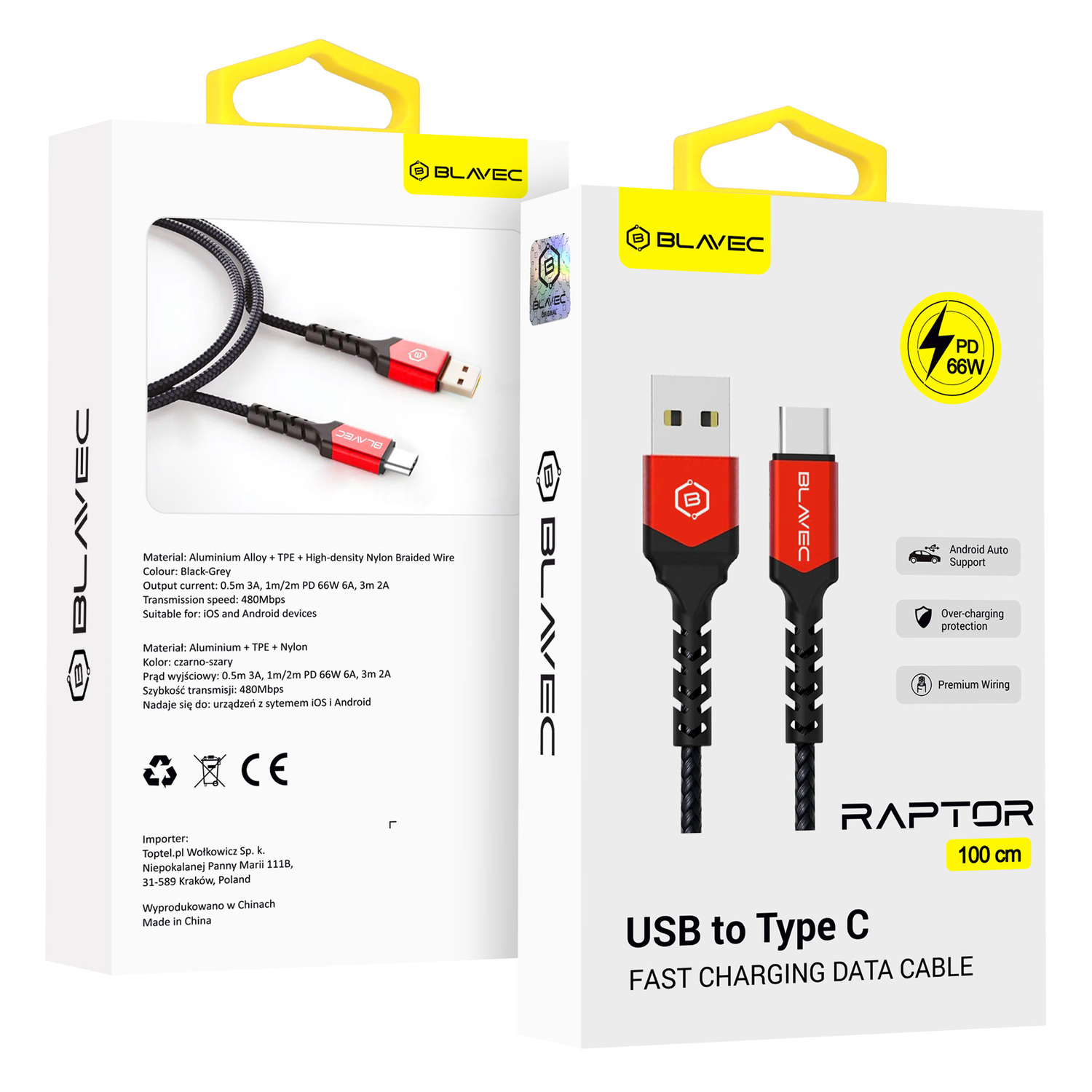 Blavec Kaabel Raptor braided - USB to Type C - PD 66W 6A 1 metre Apple CarPlay/Android Auto (CRA-UC6BR10) must-punane