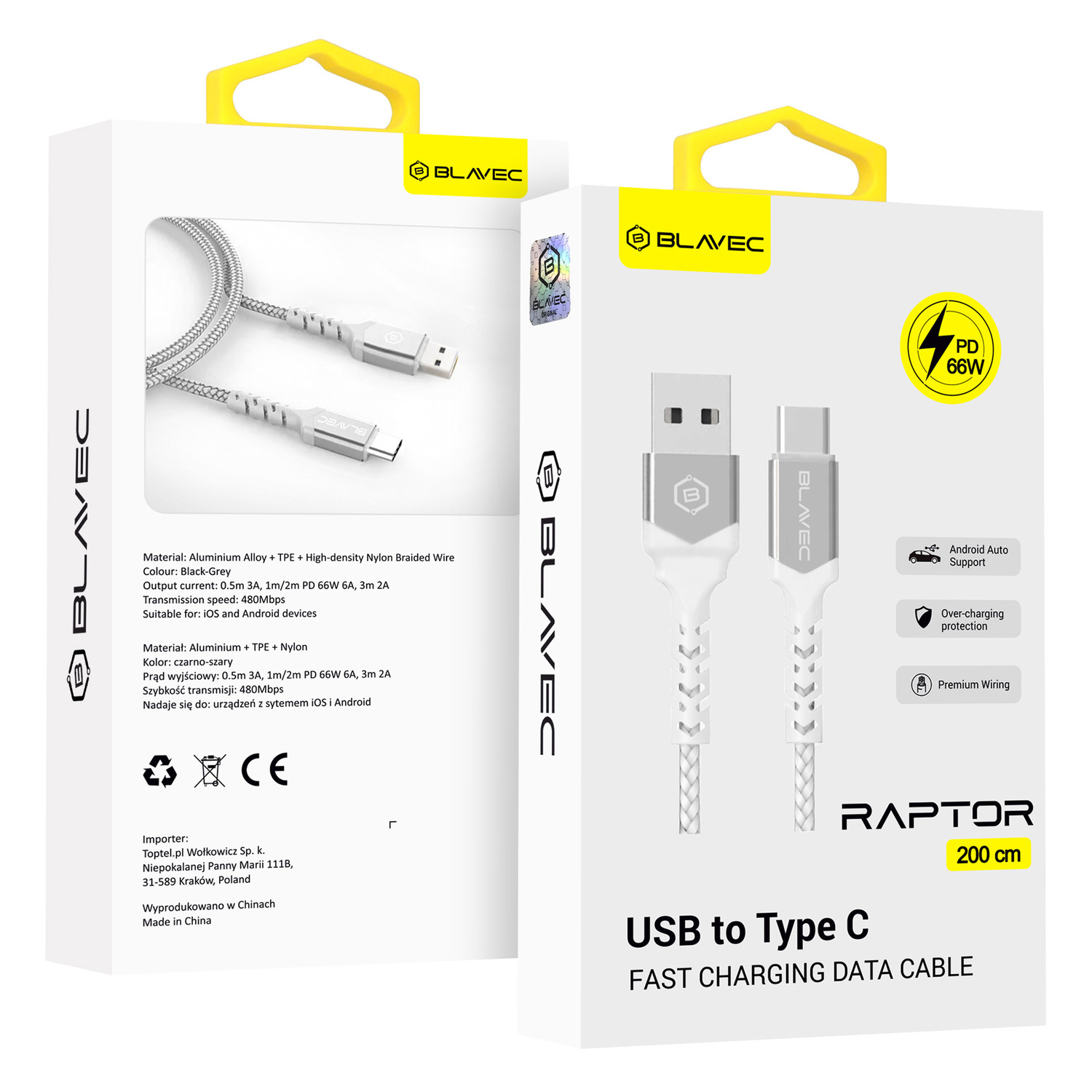 Blavec Kaabel Raptor braided - USB to Type C - PD 66W 6A 2 metres Apple CarPlay/Android Auto (CRA-UC6WS20) valge-hõbedane
