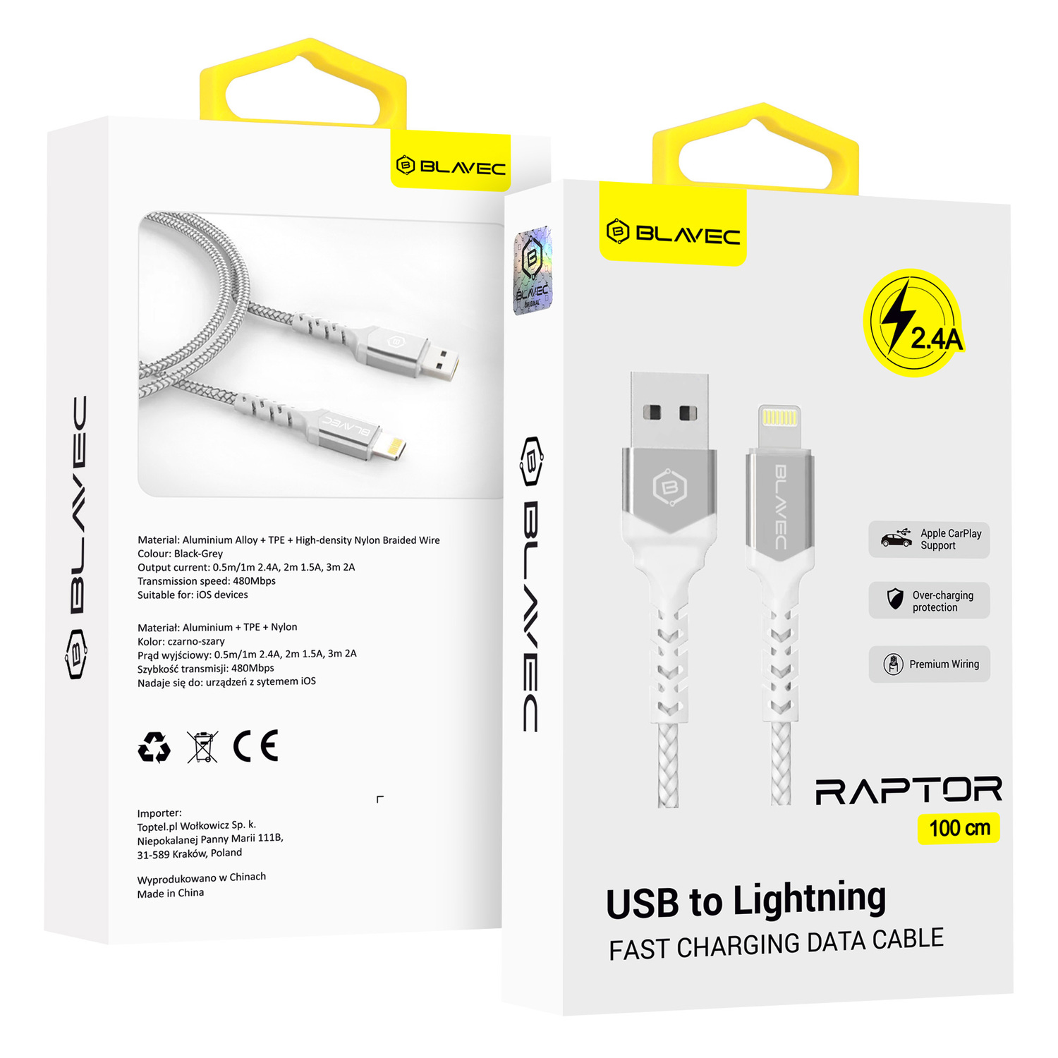Blavec Kaabel Raptor braided - USB to Lightning - 2,4A 1 metre Apple CarPlay (CRA-UL24WS10) valge-hõbedane