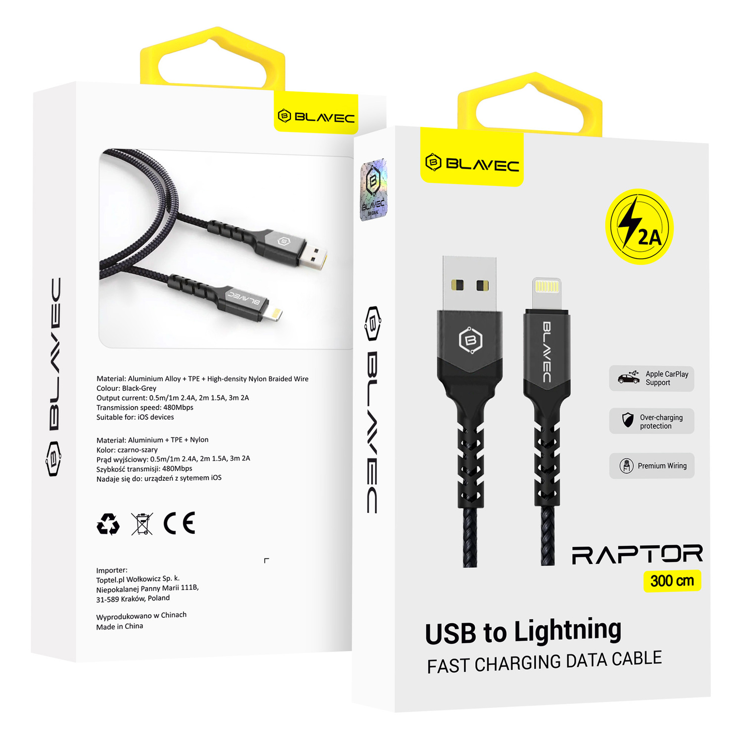 Blavec Kaabel Raptor braided - USB to Lightning - 2A 3 metres Apple CarPlay (CRA-UL2BG30) must-hall