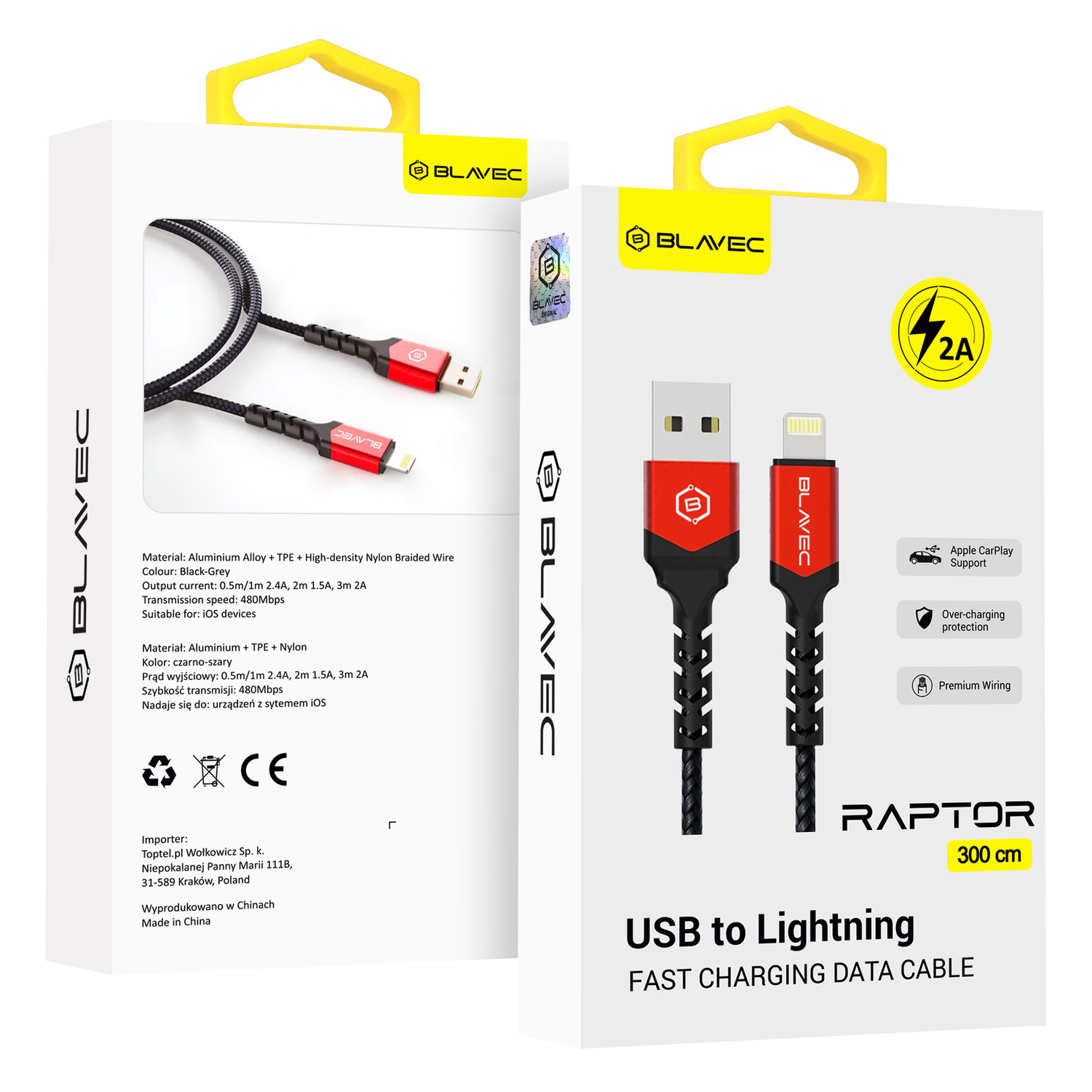 Blavec Kaabel Raptor braided - USB to Lightning - 2A 3 metres Apple CarPlay (CRA-UL2BR30) must-punane