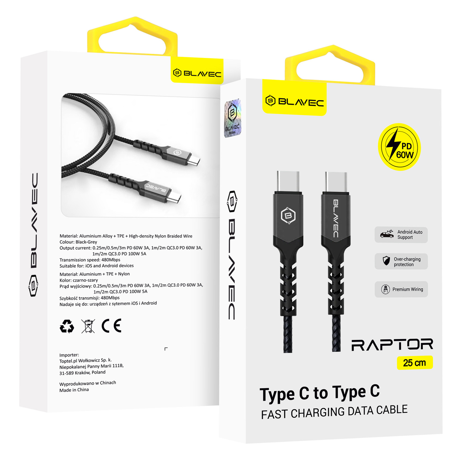 Blavec Kaabel Raptor braided - Type C to Type C - PD 60W 3A 0,25 metres Apple CarPlay/Android Auto (CRA-CC3BG025) must-hall