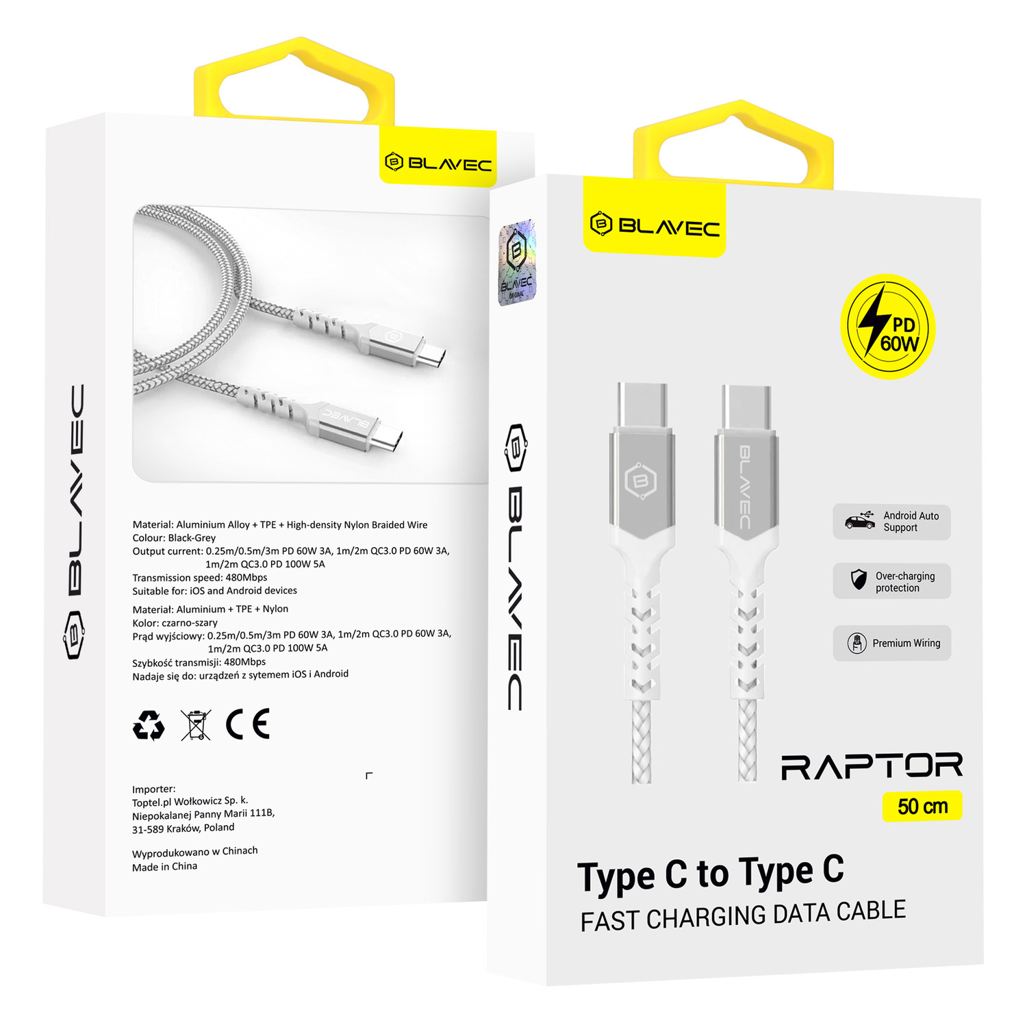 Blavec Kaabel Raptor braided - Type C to Type C - PD 60W 3A 0,5 metres Apple CarPlay/Android Auto (CRA-CC3WS05) valge-hõbedane