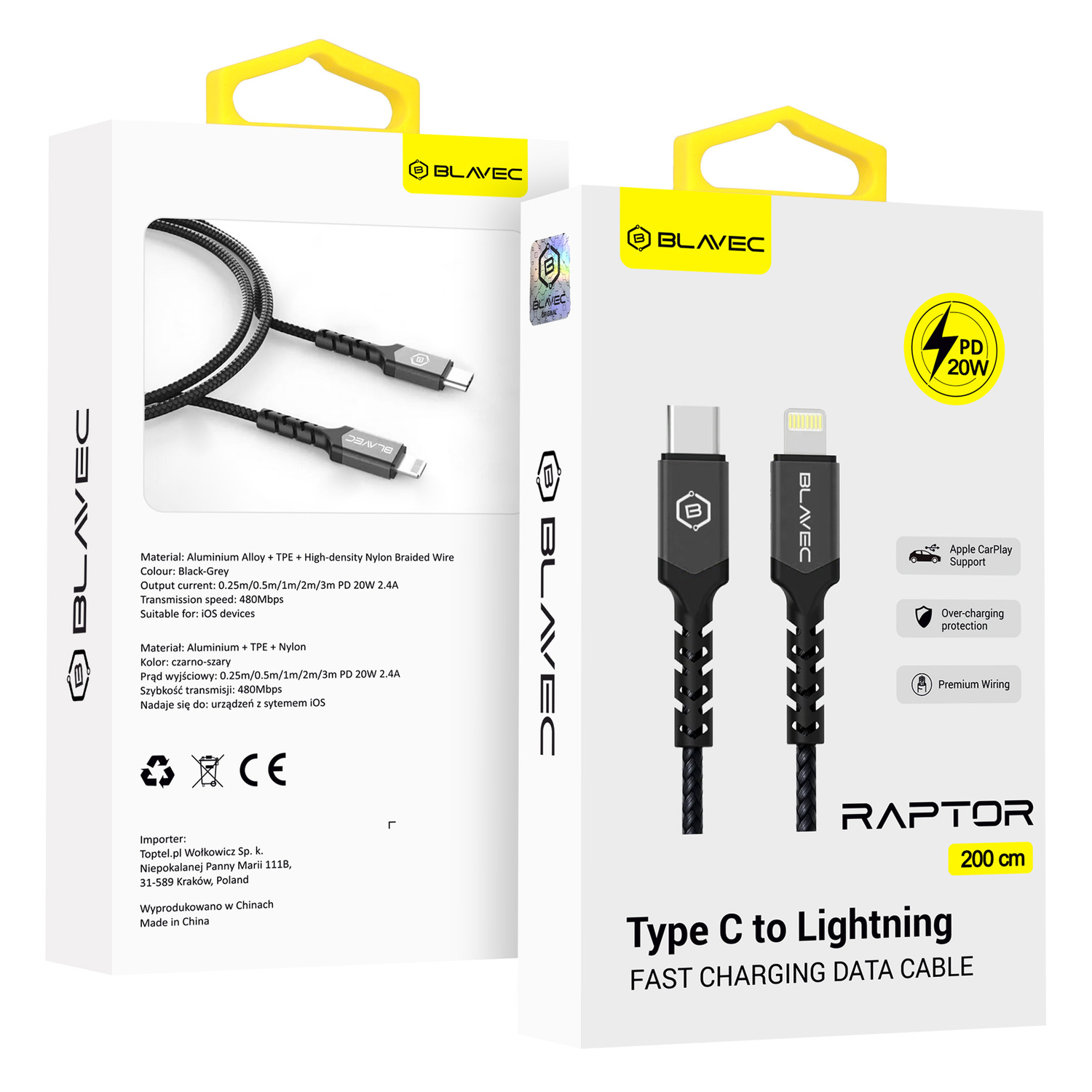 Blavec Kaabel Raptor braided - Type C to Lightning - PD 20W 2,4A 2 metres Apple CarPlay (CRA-CL24BG20) must-hall
