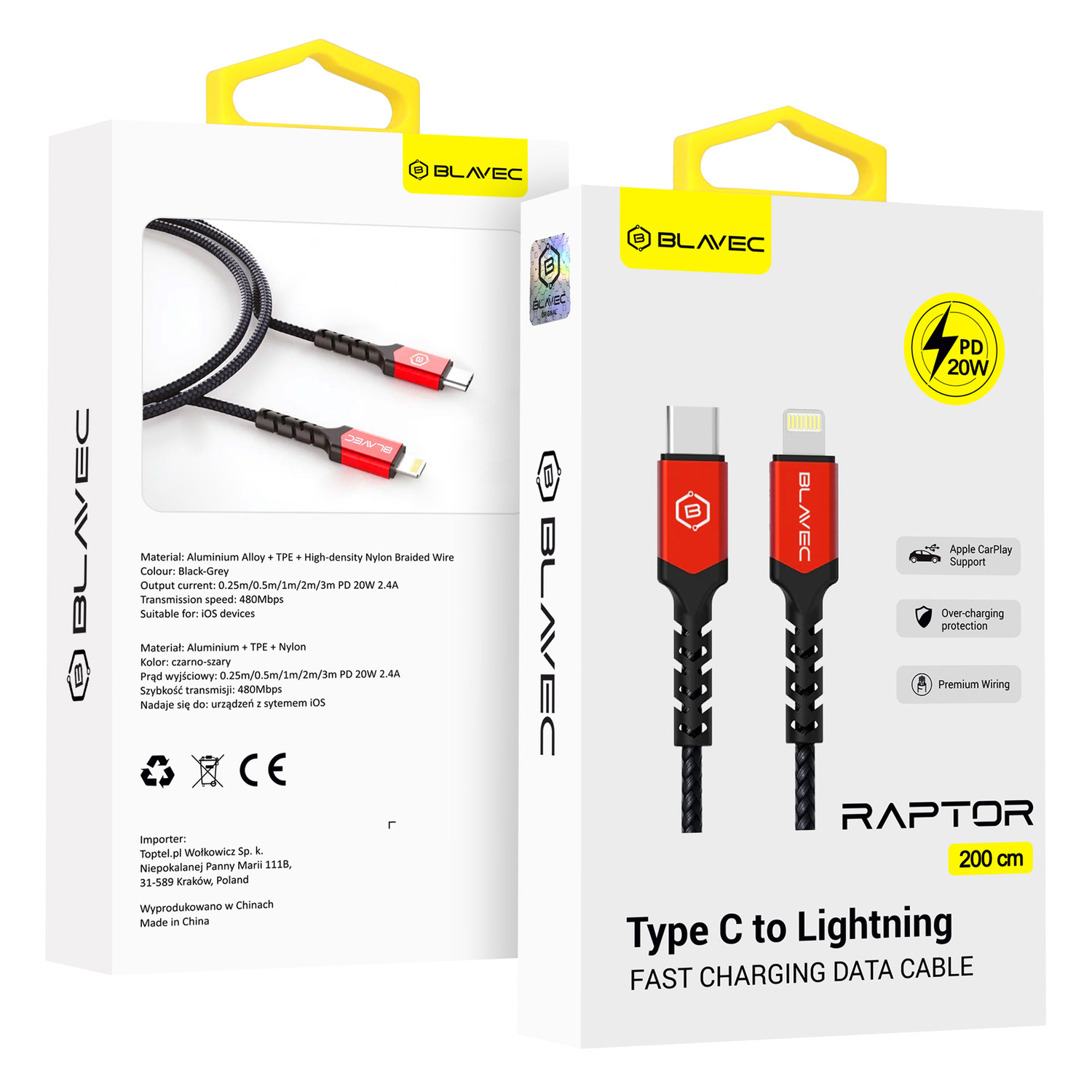 Blavec Kaabel Raptor braided - Type C to Lightning - PD 20W 2,4A 2 metres Apple CarPlay (CRA-CL24BR20) must-punane