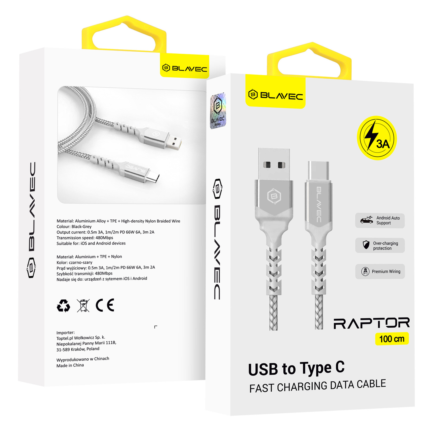 Blavec Kaabel Raptor braided - USB to Type C - 3A 1 metre Apple CarPlay/Android Auto (CRA-UC3WS10) valge-hõbedane