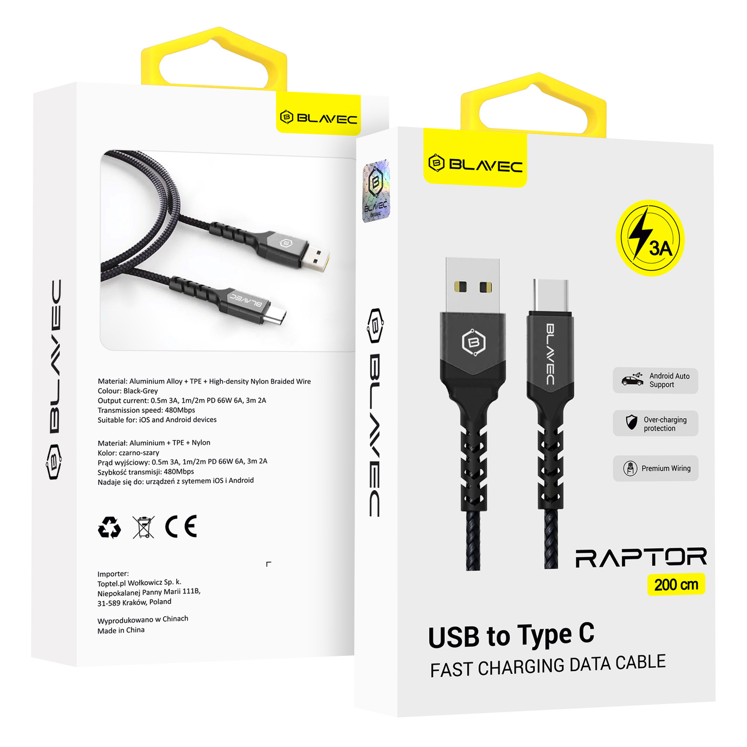 Blavec Kaabel Raptor braided - USB to Type C - 3A 2 metres Apple CarPlay/Android Auto (CRA-UC3BG20) must-hall
