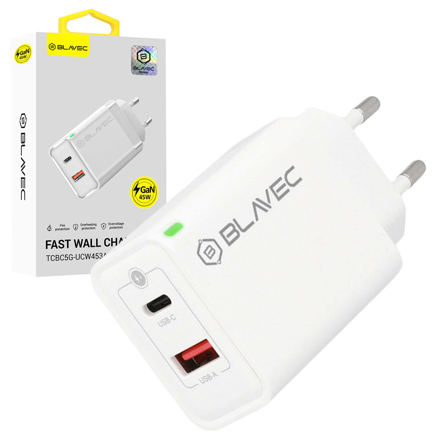 Blavec Wall laadija BC-5 GaN - USB + Type C - PD QC 45W 3A (TCBC5G-UCW453A) valge