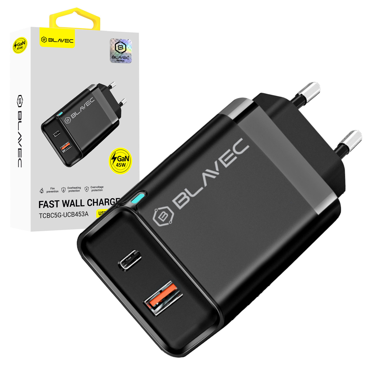 Blavec Wall laadija BC-5 GaN - USB + Type C - PD QC 45W 3A (TCBC5G-UCB453A) must