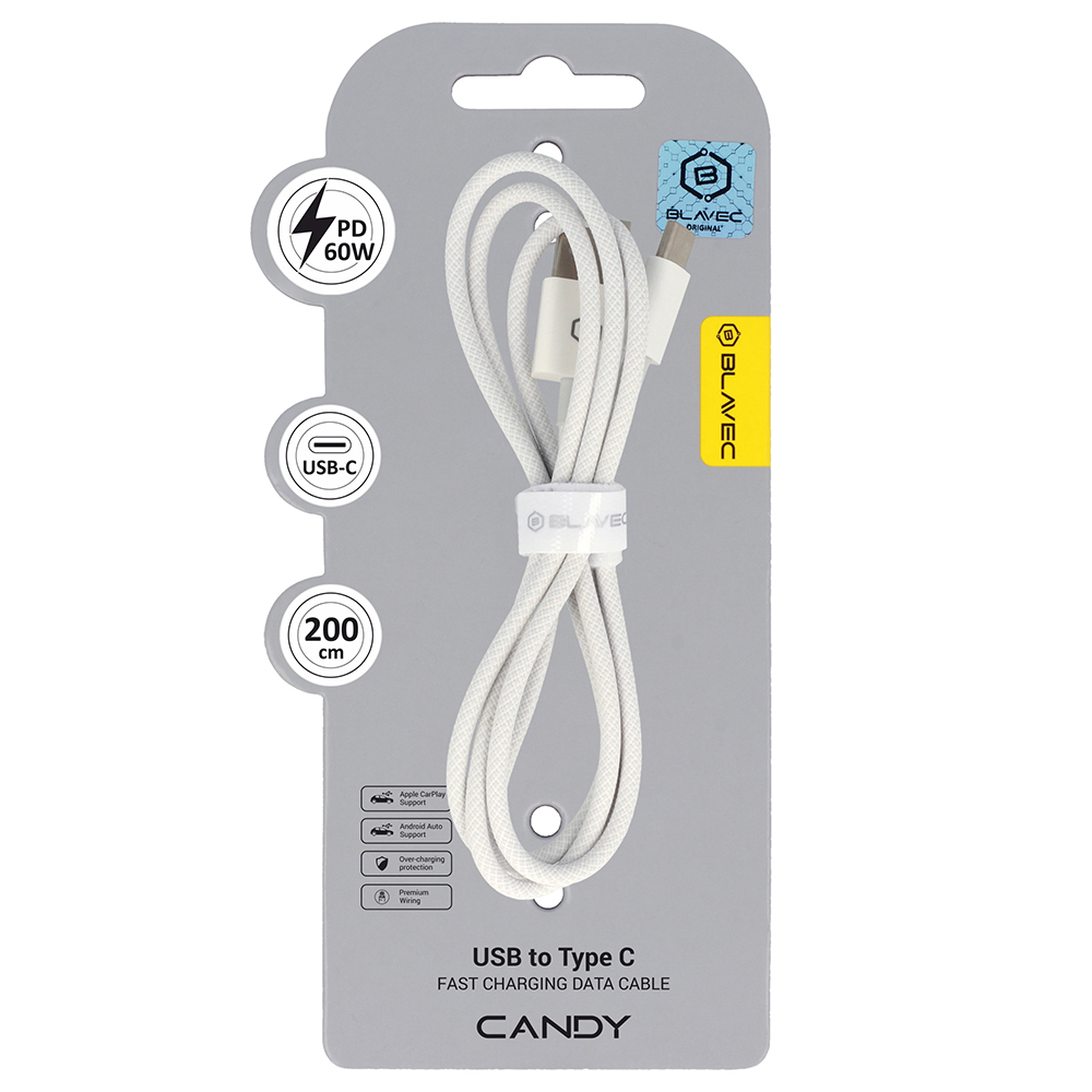 Blavec Kaabel Candy braided - USB to Type C - PD 60W 3A 2 metres Apple CarPlay/Android Auto (CCA-UC3W20) valge