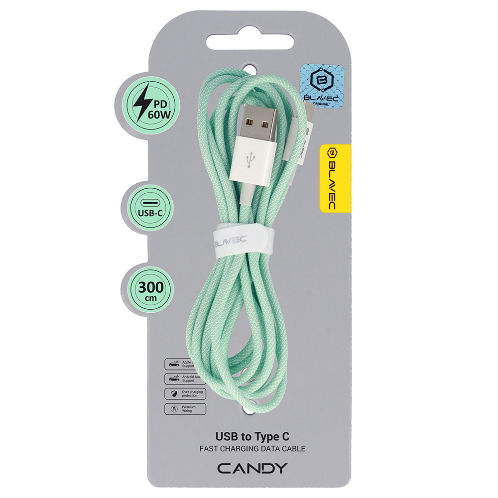 Blavec Kaabel Candy braided - USB to Type C - PD 60W 3A 3 metres Apple CarPlay/Android Auto (CCA-UC3GN30) roheline