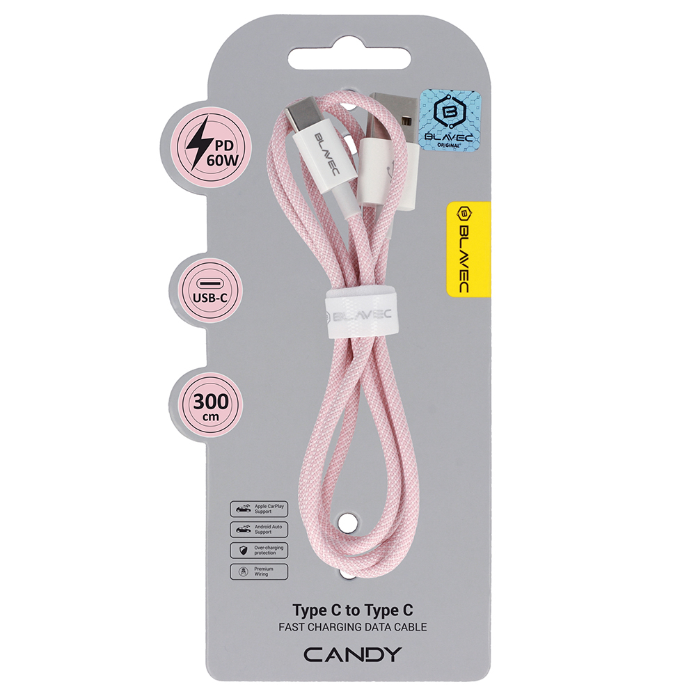 Blavec Kaabel Candy braided - USB to Type C - PD 60W 3A 3 metres Apple CarPlay/Android Auto (CCA-UC3P30) roosa