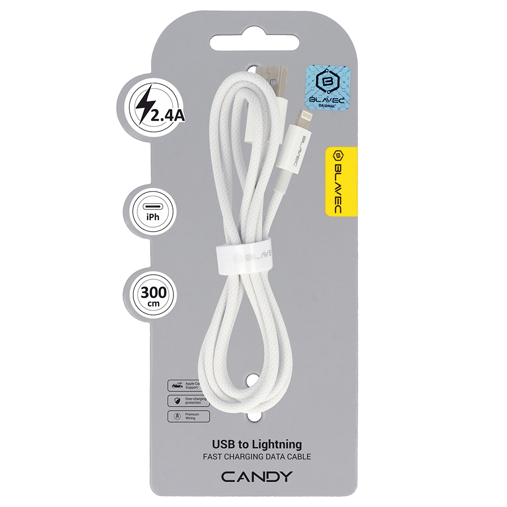 Blavec Kaabel Candy braided - USB to Lightning - 2,4A 3 metres Apple CarPlay (CCA-UL24W30) valge