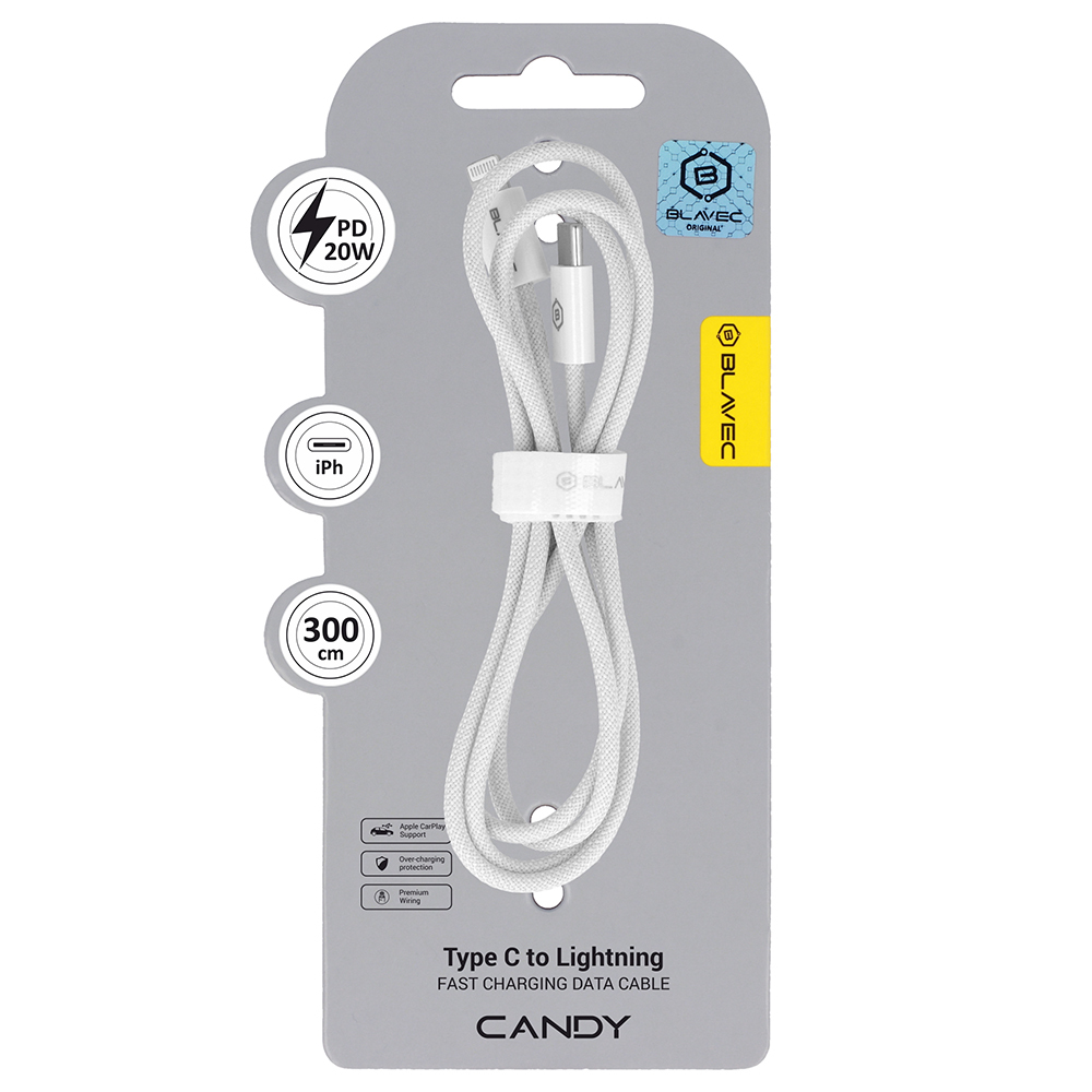 Blavec Kaabel Candy braided - Type C to Lightning - PD 20W 2,4A 3 metres Apple CarPlay (CCA-CL24W30) valge