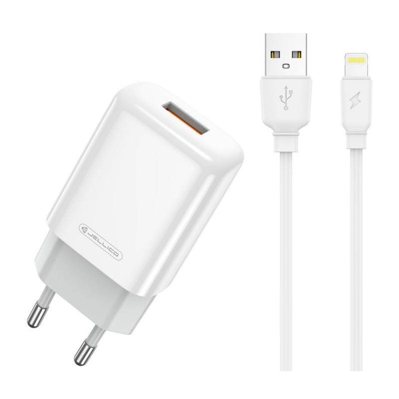 Laadija Jellico EU01 2.4A USB-A + USB-A to Lightning kaabel 1.0m valge