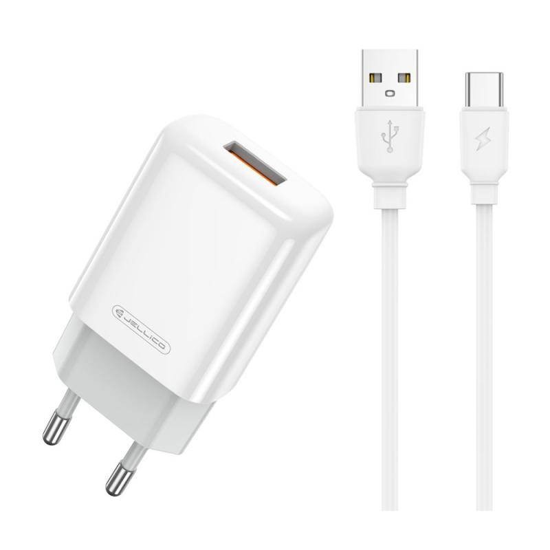 Laadija Jellico EU01 2.4A USB-A + USB-A to USB-C kaabel 1.0m valge