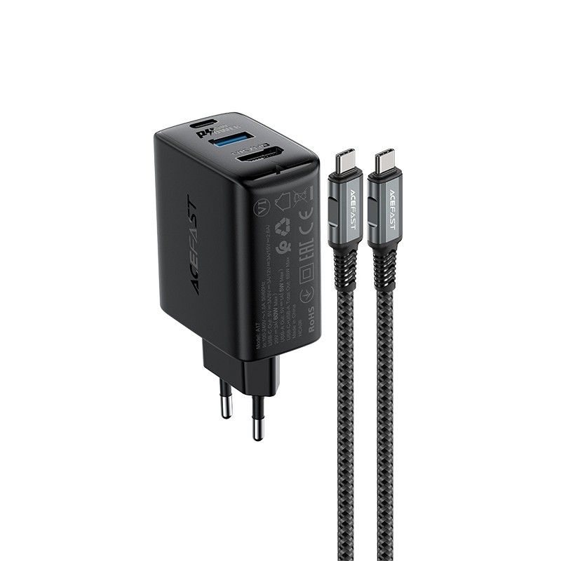 Acefast 2in1 Laadija GaN 65W USB Type C / USB, adapter HDMI adapter 4K 60Hz (set with kaabel) must (A17 must)