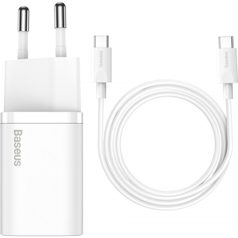 Laadija Baseus Super Si 25W USB-C + USB-C to USB-C kaabel 1.0m valge TZCCSUP-L02