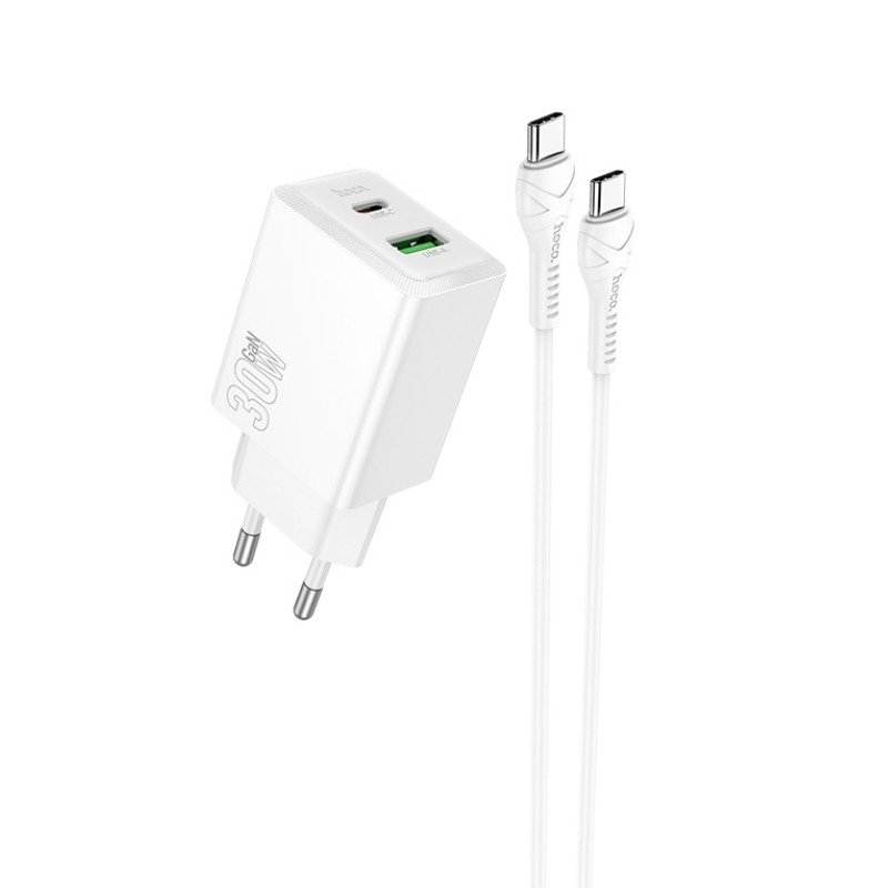 Charger Hoco N71 30W GaN USB-C/USB-A + USB-C to USB-C cable 1.0m white