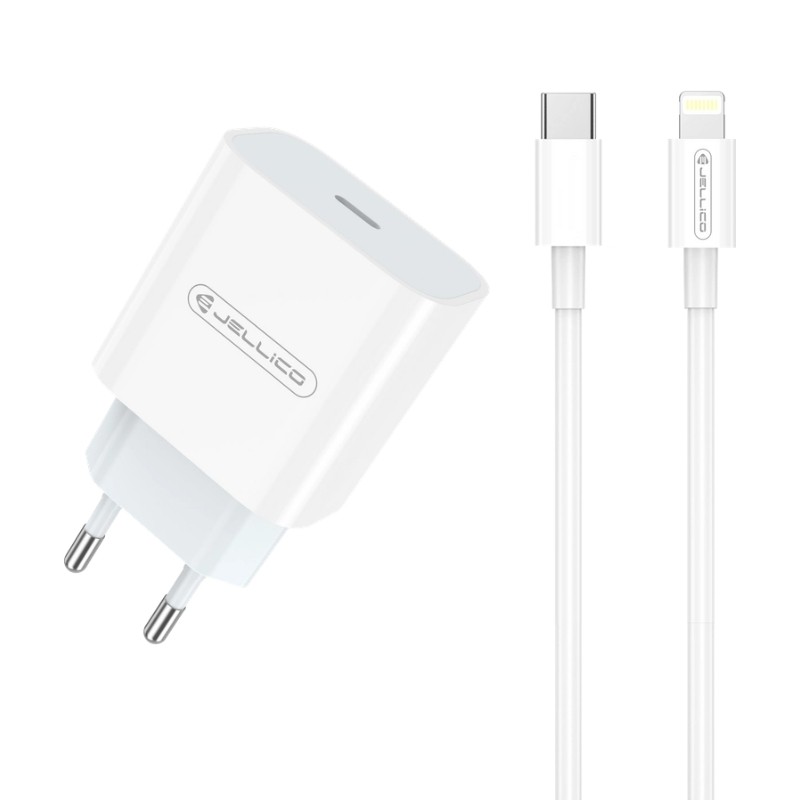Laadija Jellico AK180 20W USB-C + USB-C to Lightning kaabel 1.0m valge