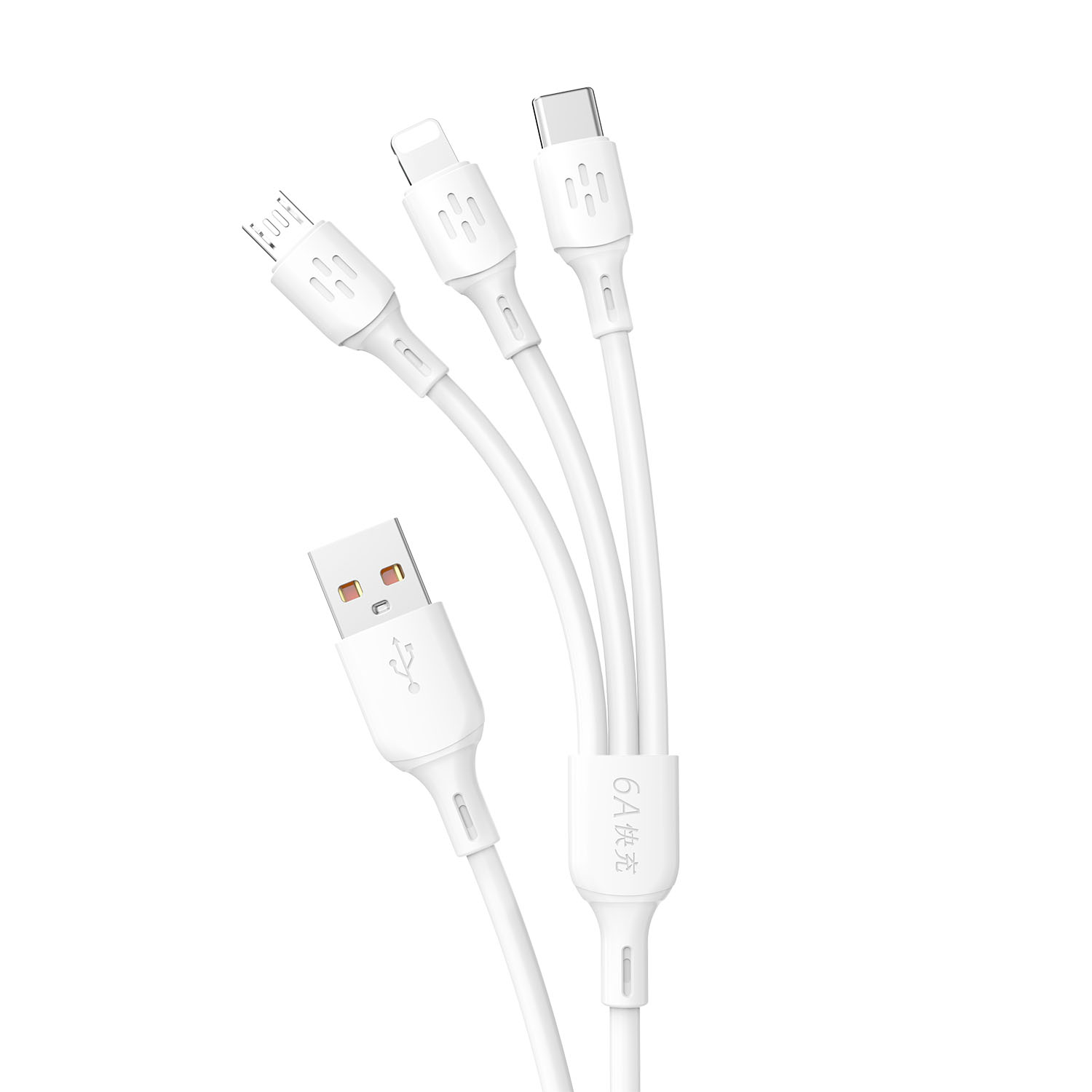 Dudao 3-in-1 USB-A – USB-C / micro USB / Lightning kaabel 6A, 1,2 m, valge