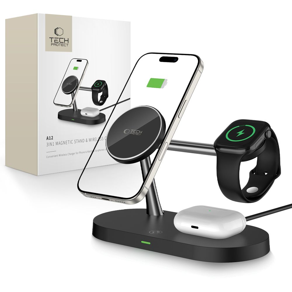 Tech-Protect A12 3in1 MagSafe Induktiivne Laadija jaoks Smartphone/Kõrvaklapid/Smartwatch - must