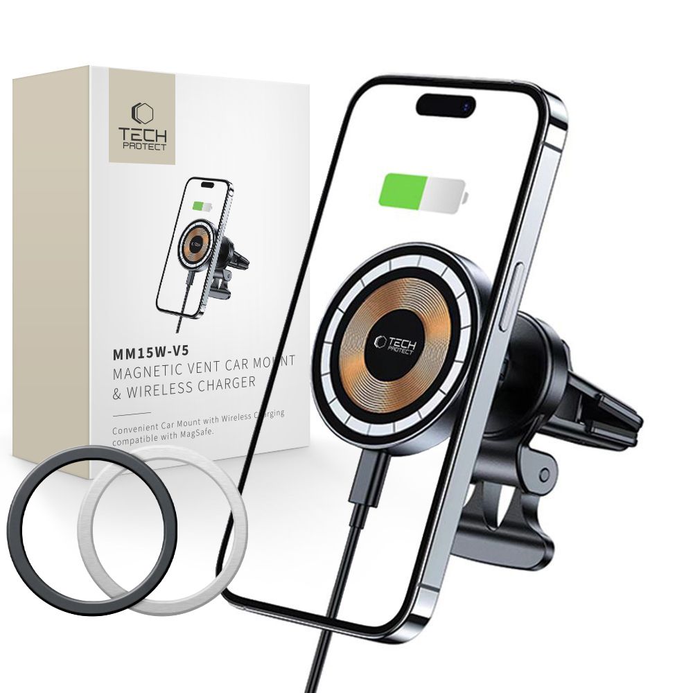 Tech-Protect MM15W-V5 Car Phone Hoidja koos MagSafe 15W Induktiivne Laadija jaoks Air Vent - must