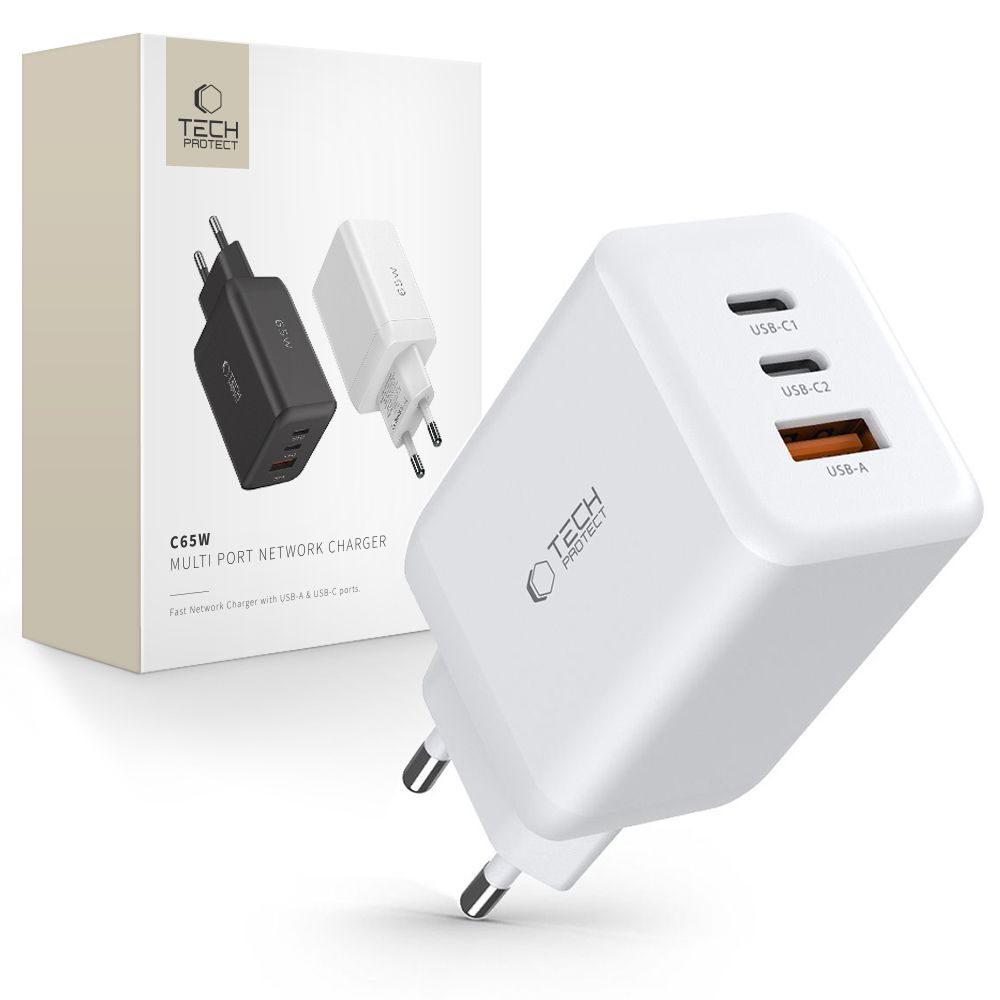 Tech-Protect C65W laadija 2x USB-C PD 65W / USB-A QC 3.0 - valge