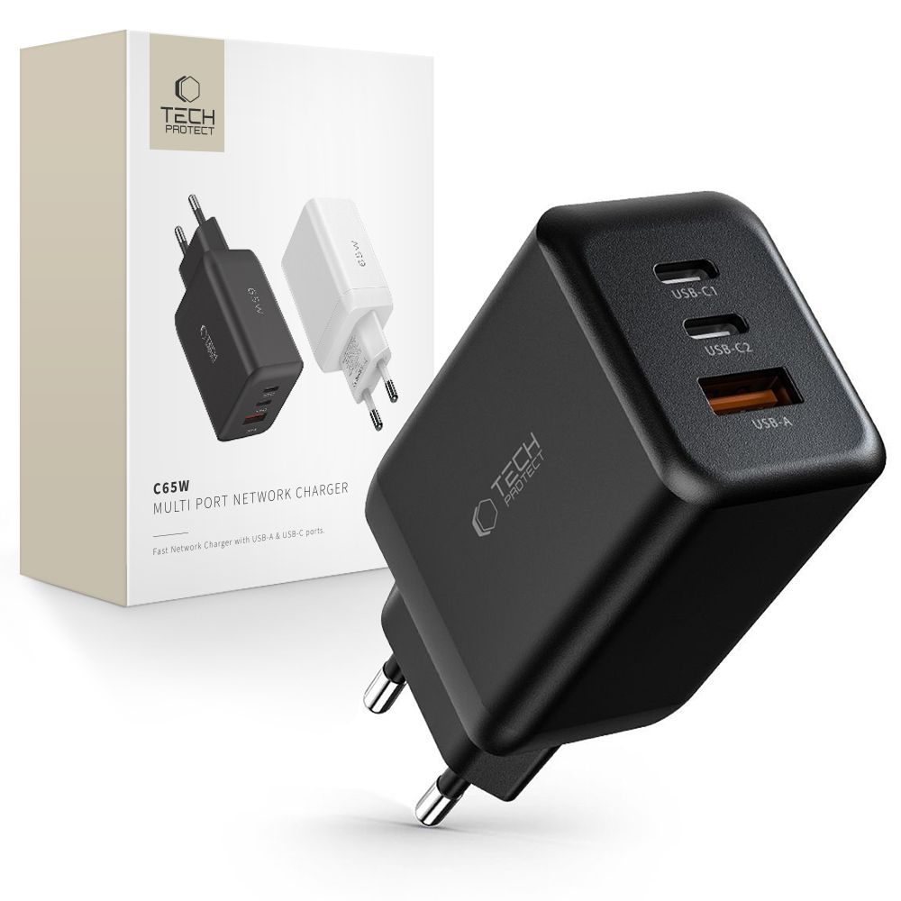 Tech-Protect C65W laadija 2x USB-C PD 65W / USB-A QC 3.0 - must
