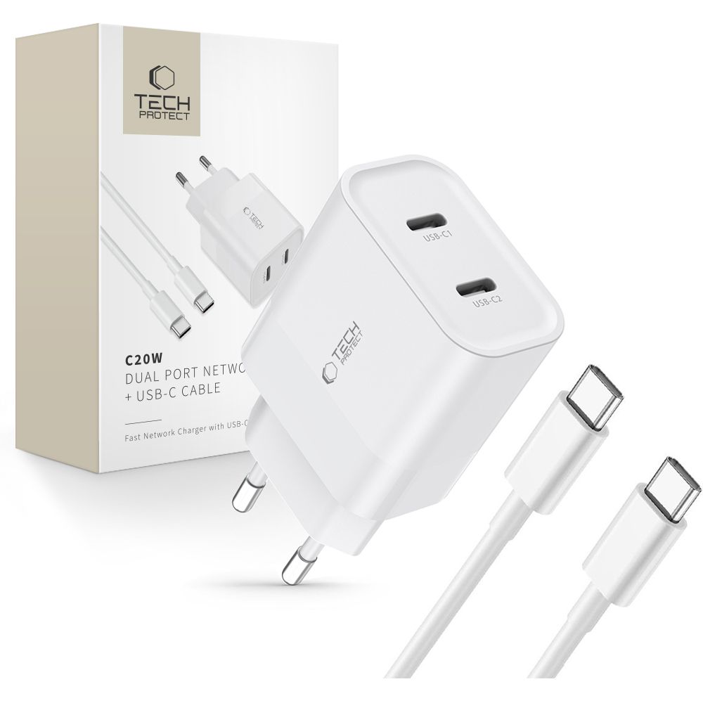 Tech-Protect C20W 2x USB-C PD 20W laadija with USB-C / USB-C kaabel - valge