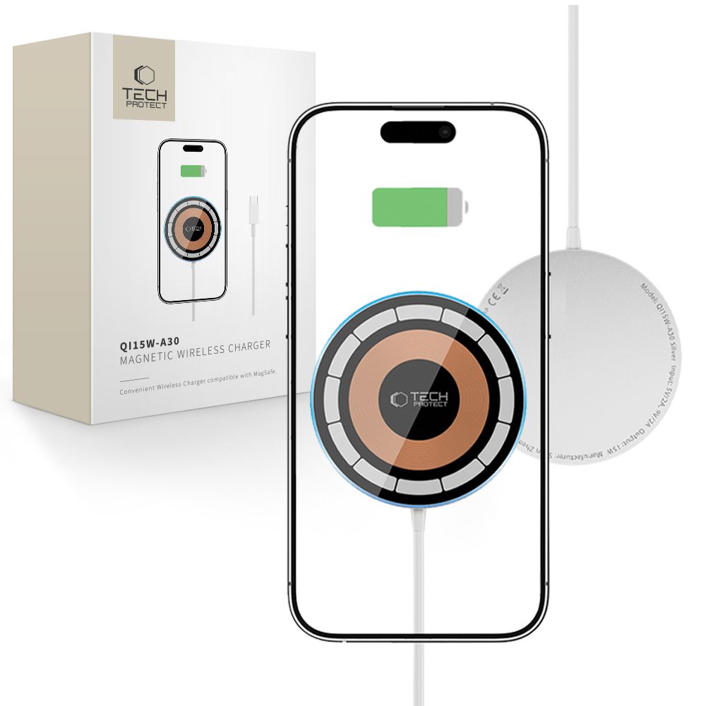 Tech-Protect QI15W-A30 MagSafe Induktiivne Laadija koos USB-C Kaabel - hõbedane